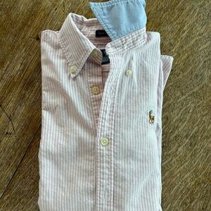 Polo Ralph Lauren Women Pink Striped Oxford Shirt – Contrast Collar Button-Down